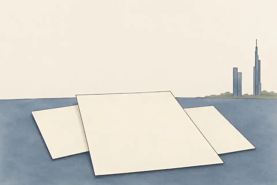 Illustration of three blank sheets on a slate blue desk with simple Gulf towers in the distance.