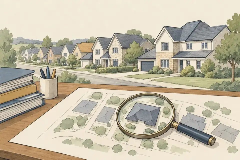 Illustration of suburban house roofs behind a desk with a map sheet and a magnifying glass over an aerial roof outline.