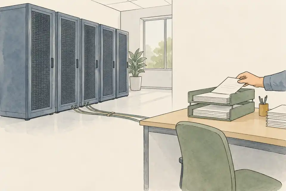Illustration of server cabinets connected by neat cables to a desk where a hand sorts paper files into trays.