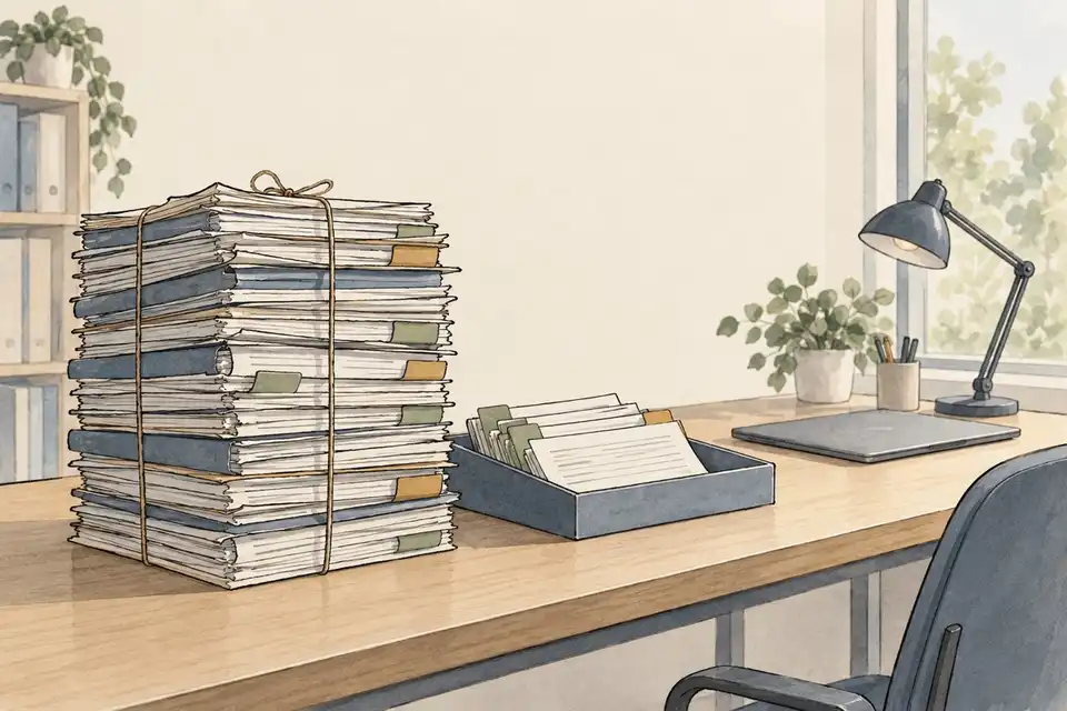 Illustration of a stack of released files beside a tray of request forms with coloured tabs on a long table.