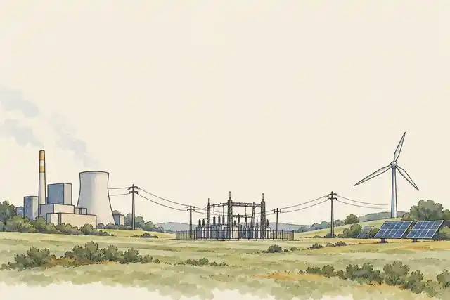 Illustration of an electrical substation between a conventional power station and a wind turbine with solar panels, linked by overhead power lines.