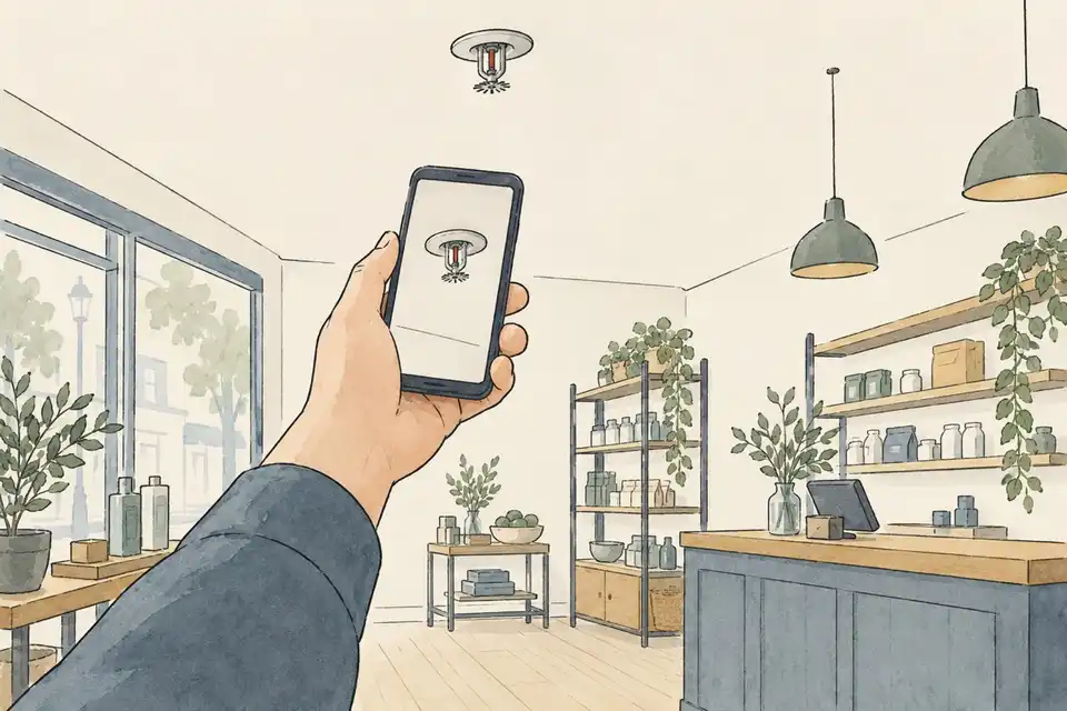 Illustration of a hand holding a phone to photograph the inside of a small shop with shelves and a sprinkler head.
