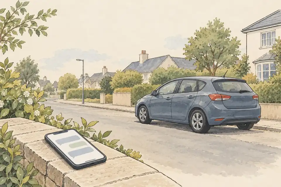 Illustration of a small car parked on a quiet street with a smartphone showing blank chat bubbles resting on a garden wall.