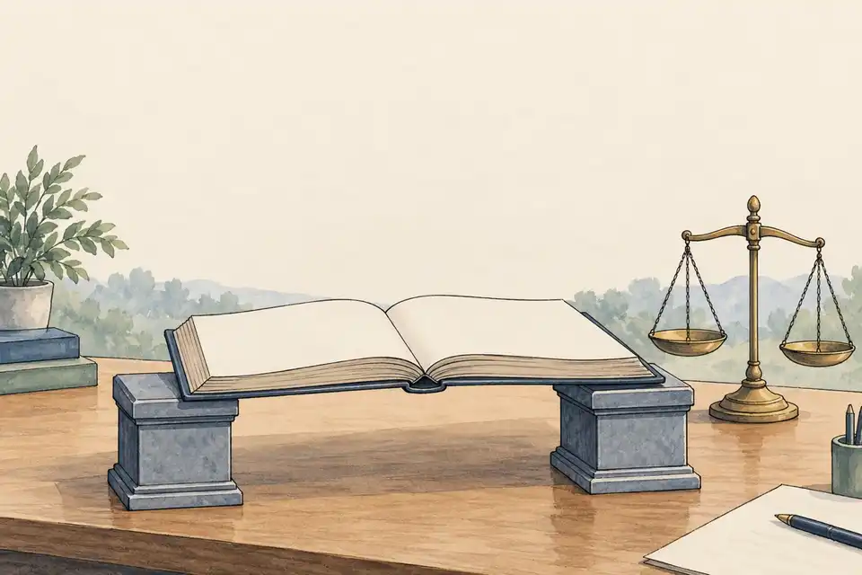 Illustration of a blank ledger resting on two supports beside a balance scale.