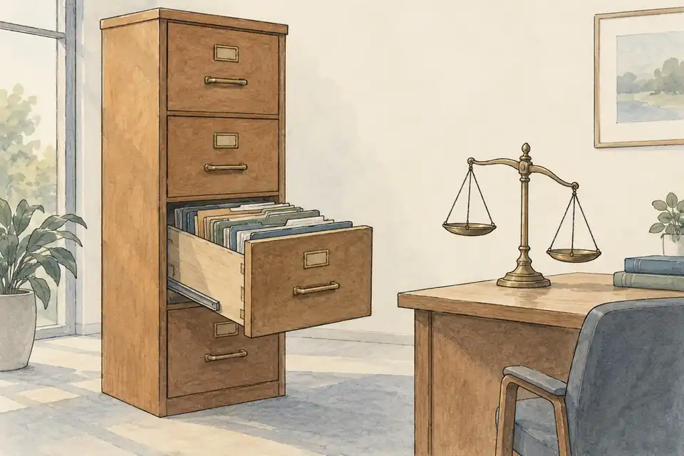 Illustration of an open filing drawer full of folders beside a balance scale that tips slightly.