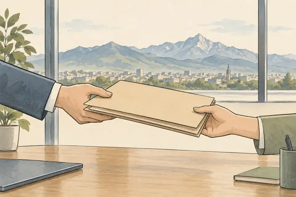 Illustration of two hands passing folders across a desk with mountains and a city visible through the window.