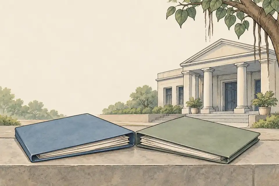 Illustration of two blank insurance folders on a stone counter in front of a generic Indian bank building.