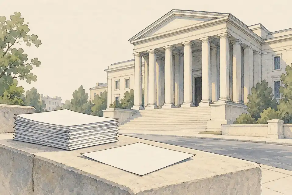 Illustration of a generic courthouse with a stack of papers on a stone ledge and one sheet set apart.