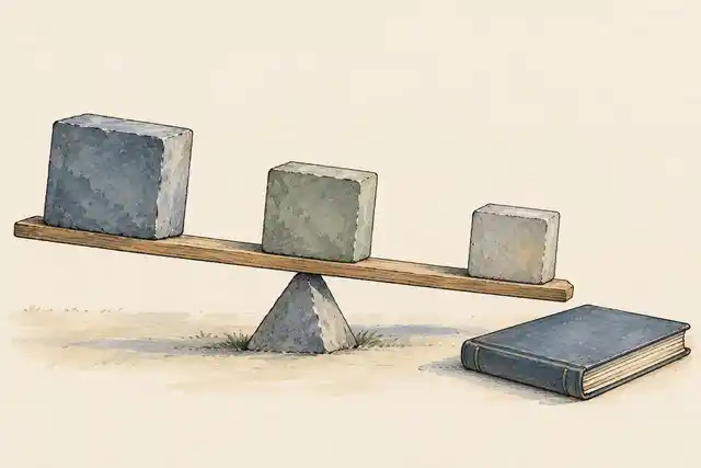 Illustration of stone blocks on a tilted balance beam beside a closed ledger.