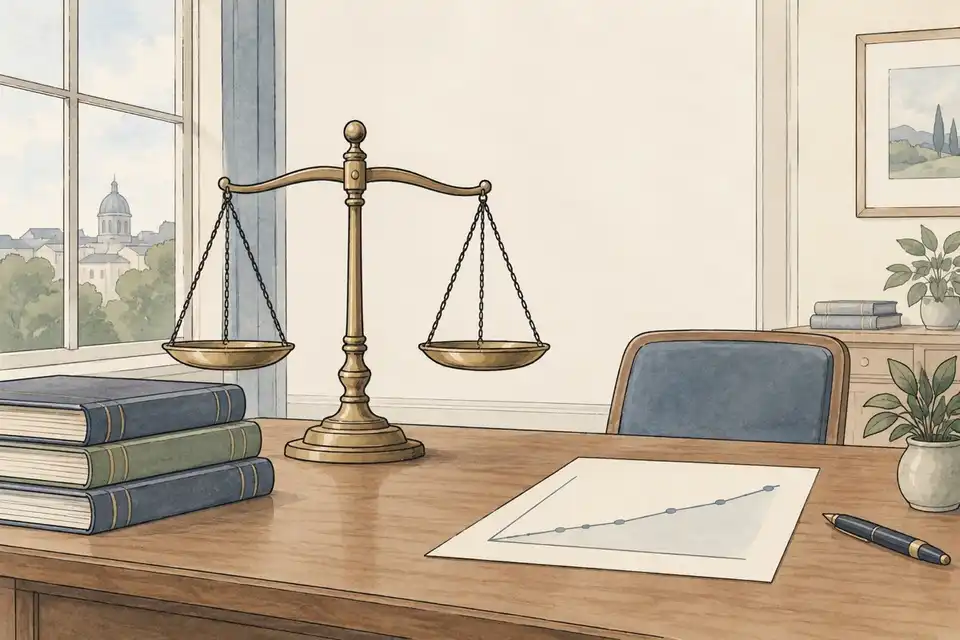 Illustration of balance scales beside ledgers and a gently rising line chart on an office desk.