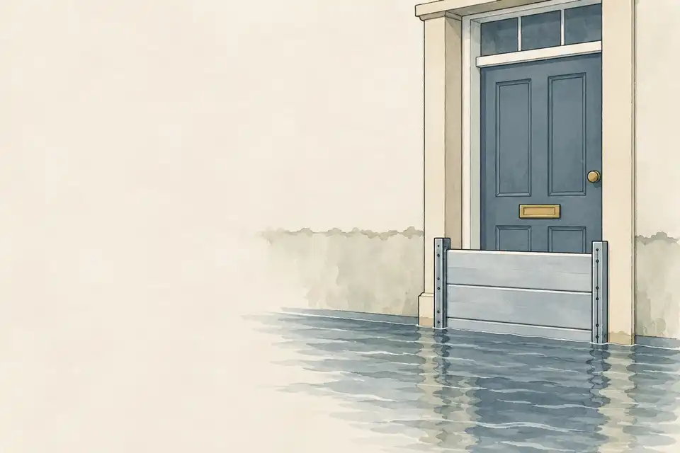 Illustration of a flood barrier across a house doorway, with shallow water outside and a waterline on the plain wall.