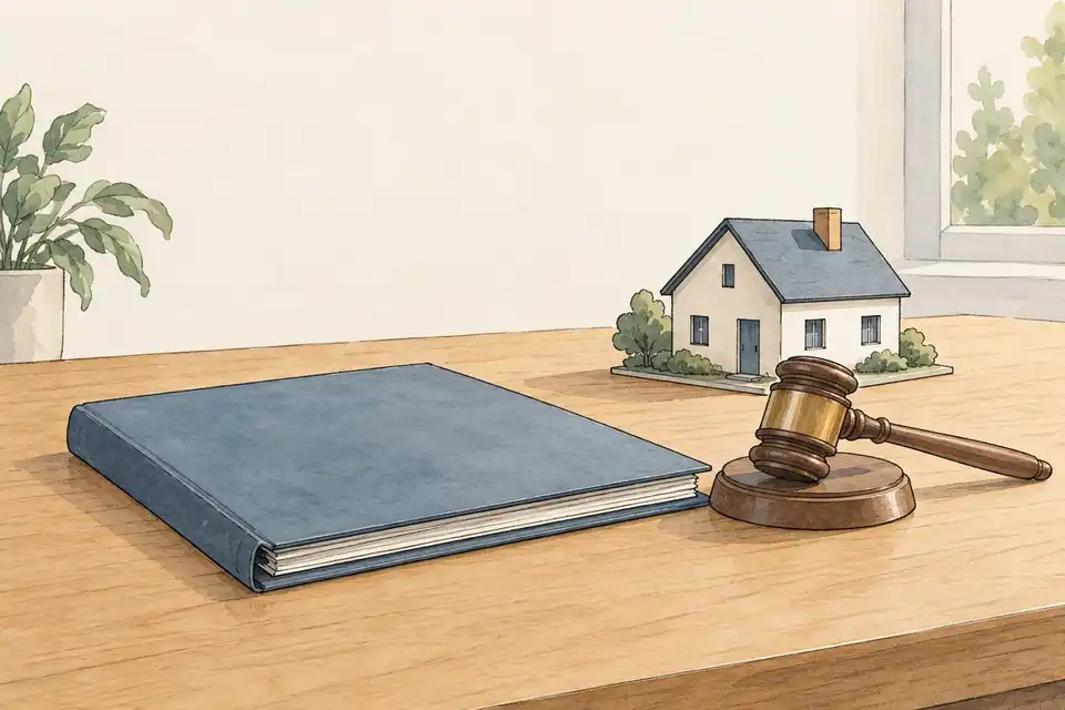 Illustration of a policy folder, a gavel and a small model house on a wooden desk.