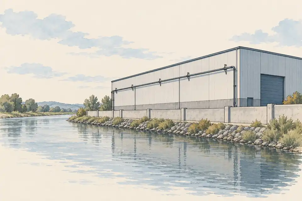Illustration of a plain warehouse beside a calm river with a low flood barrier and a sprinkler pipe on its wall.