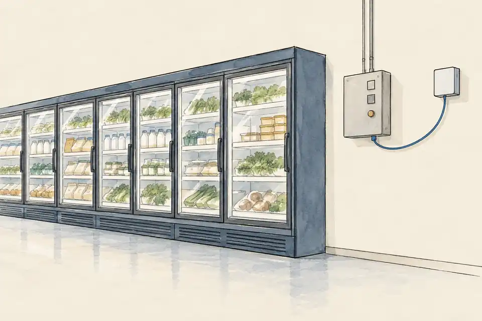 Illustration of supermarket fridge cases next to a wall control panel connected by a cable to a small box.