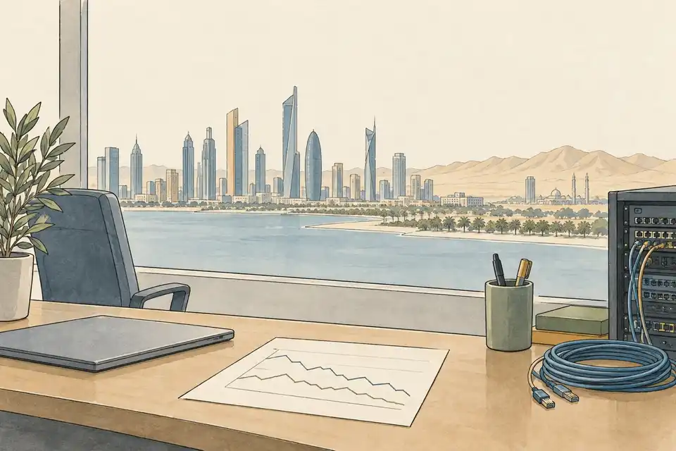 Illustration of an office desk with a laptop, a plain line chart and network cable beside a small server rack, overlooking a Gulf city skyline.