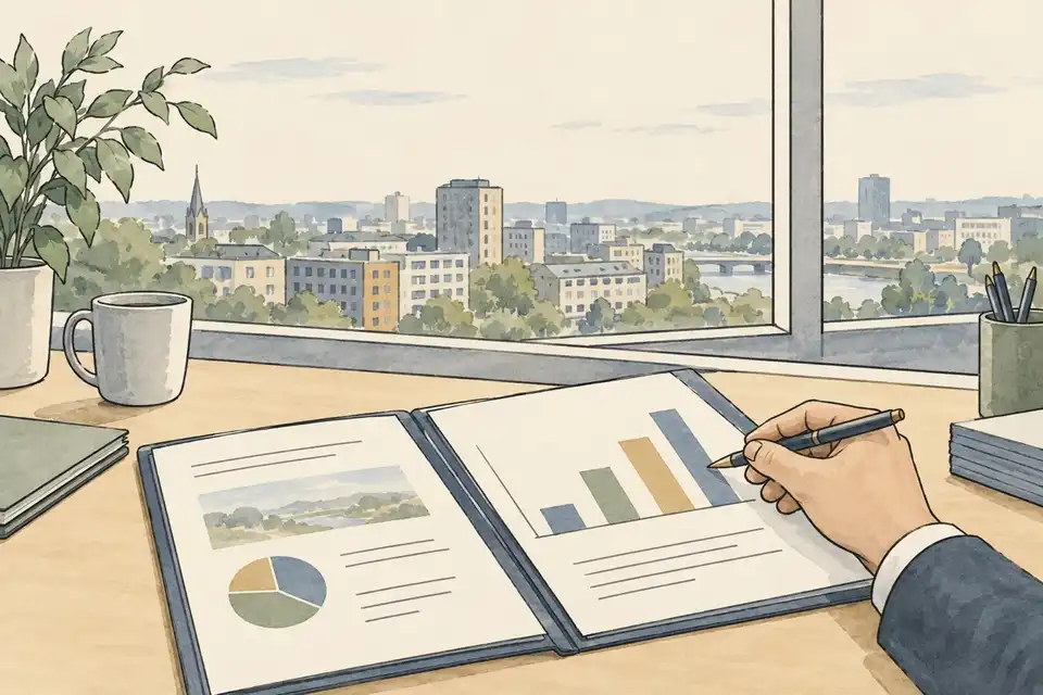 Illustration of a hand with a pen over a simple bar chart on a desk by a city window.