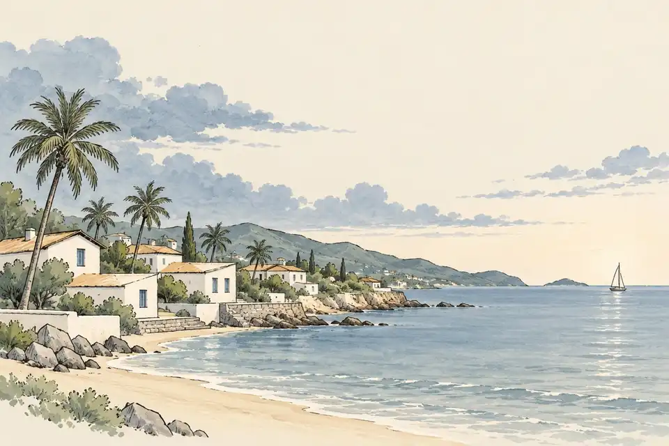 Illustration of a quiet coastal town of low houses and palm trees under clearing skies with clouds moving out to sea.