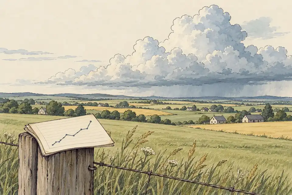 Illustration of a distant storm front over farmland and low houses, with a ledger showing a plain line chart on a fence post.