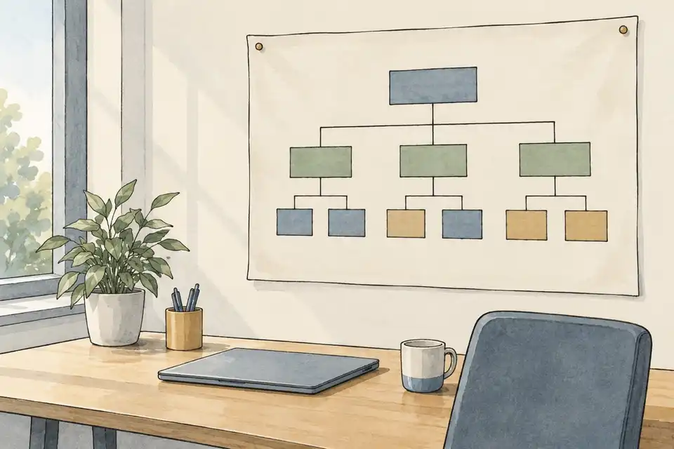Illustration of a simple organisational chart of connected boxes pinned on an office wall above a tidy desk.