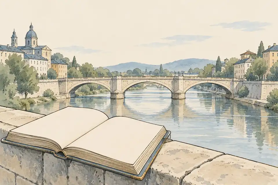 Illustration of an open ledger on a bridge parapet over a calm river between two city quarters.