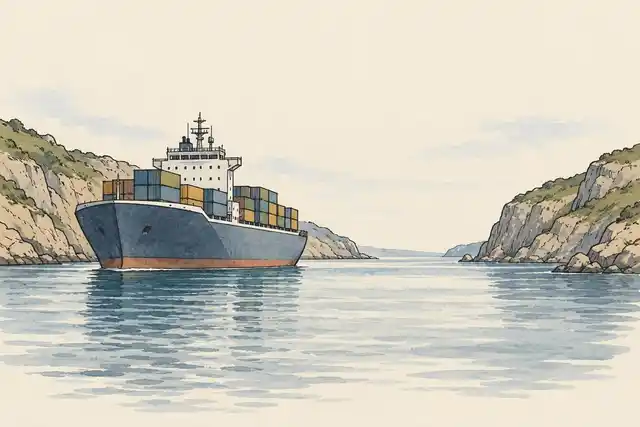 Illustration of a container ship waiting before a narrow channel between rocky shores.