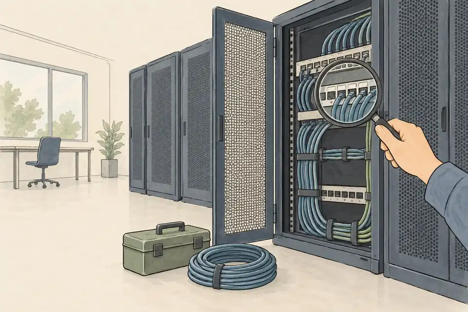 Illustration of a hand examining a server rack's cable panel with a magnifying glass in a calm server room.