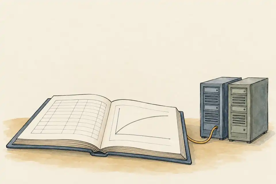 Illustration of an open ledger with an unnumbered curve beside two plain server cabinets and a connecting cable.