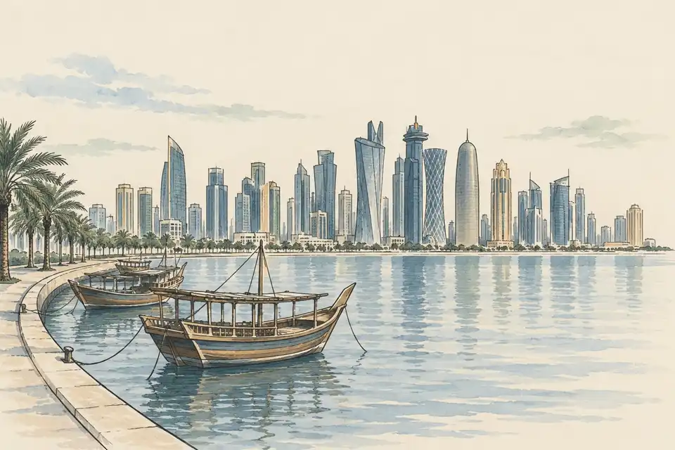 Illustration of a crescent bay with modern towers and moored dhows.
