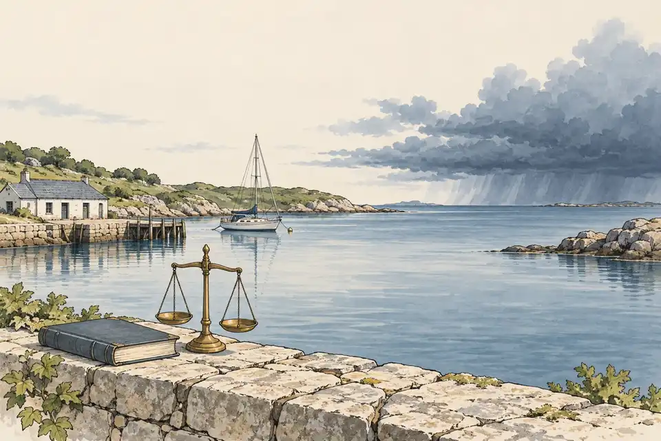 Illustration of an island harbour with distant storm clouds and a ledger and scales on a stone wall in the foreground.