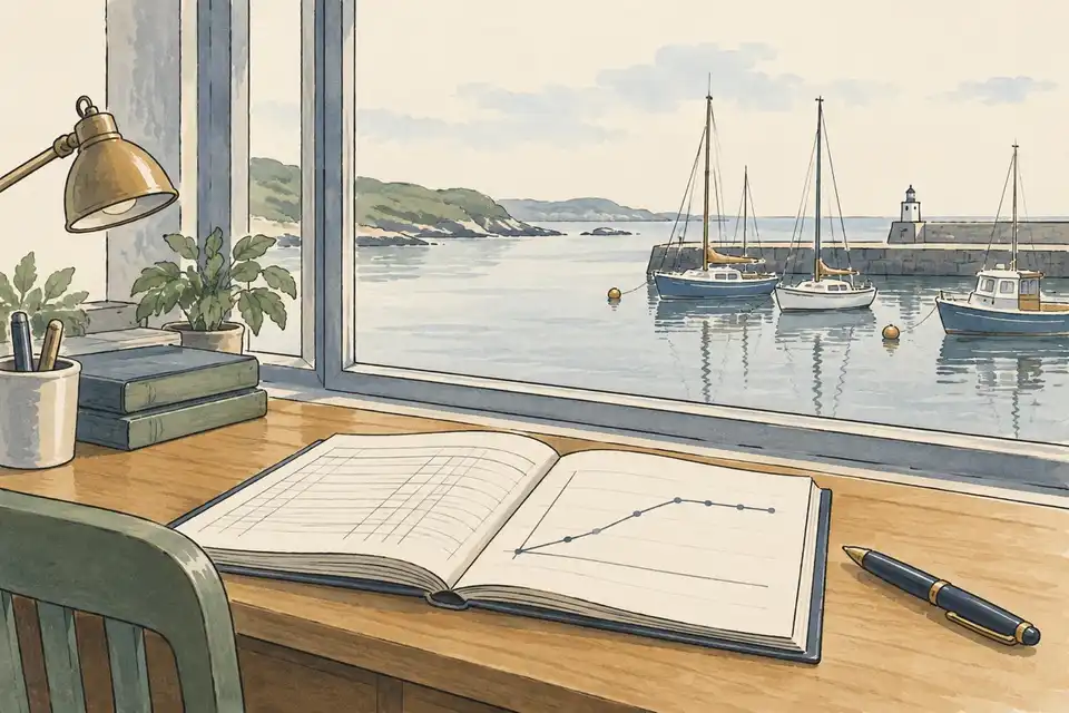 Illustration of a ledger and a simple line chart on a desk by a window overlooking a calm harbour.