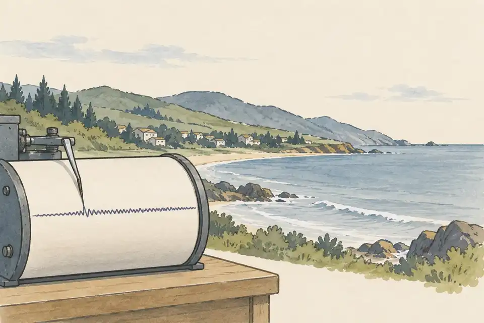 Illustration of a seismograph drawing a steady line in front of a quiet coastline with rolling hills.