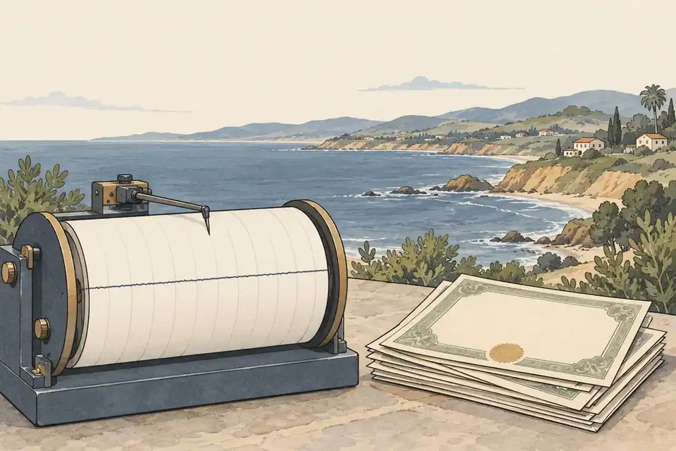 Illustration of a quiet coastline with hills and houses behind a seismograph drawing a flat line next to a stack of blank certificates.