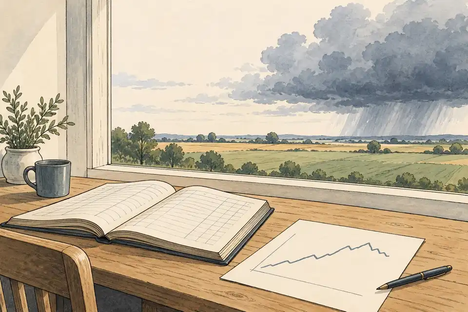 Illustration of an open ledger and a simple line chart on a desk, with a storm cloud far away over farmland.