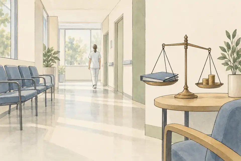 Illustration of a quiet hospital corridor with empty chairs and a balance scale holding a folder and coins.