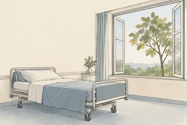 Illustration of an empty hospital bed beside an open window overlooking a young tree.