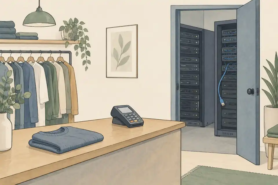 Illustration of a shop counter with a card terminal and a back room of servers with one cable unplugged.