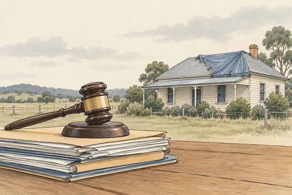 Illustration of a country house with a tarpaulin on its roof behind a gavel resting on a stack of files.