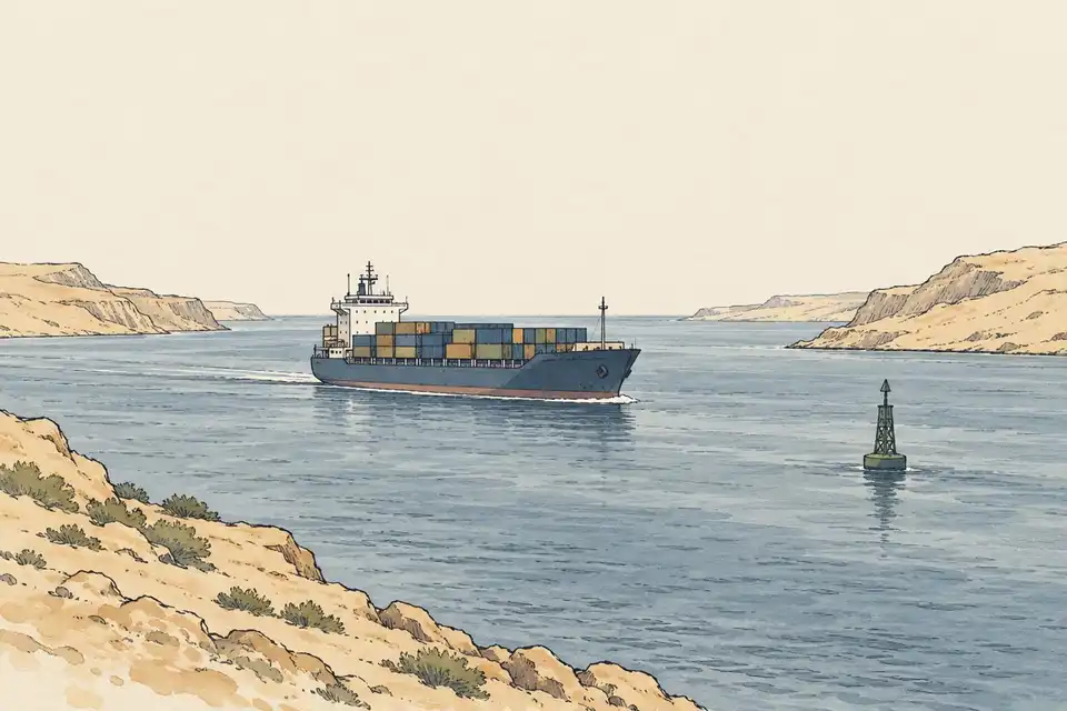Illustration of a container ship passing a marker buoy in a narrow strait between desert headlands.