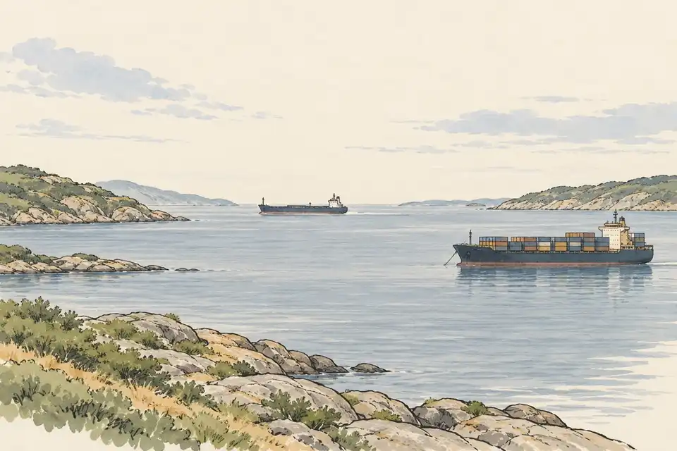 Illustration of a tanker and a container ship in a calm strait between rocky headlands.