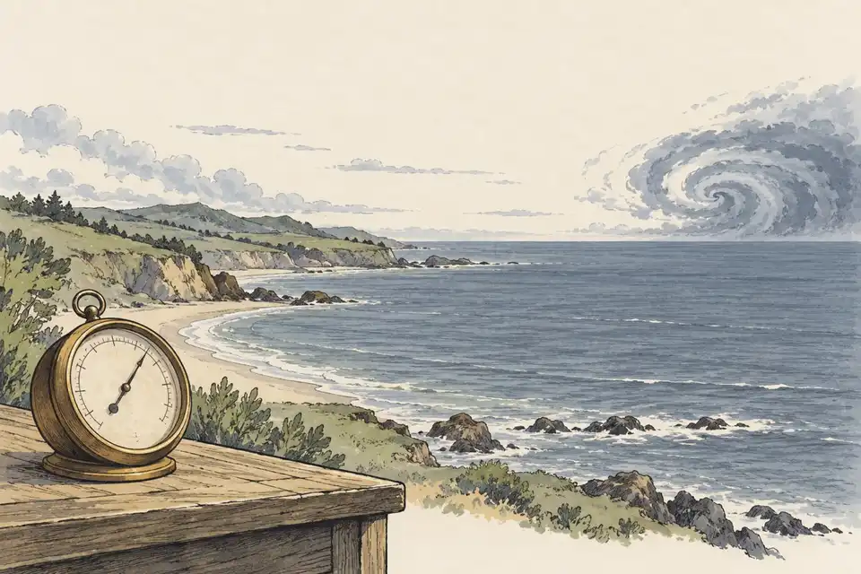 Illustration of a barometer on a ledge overlooking a curved bay with a distant spiral of storm cloud offshore.