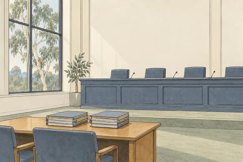 Illustration of an empty hearing room with two stacks of files on a table and a eucalyptus tree beyond the window.