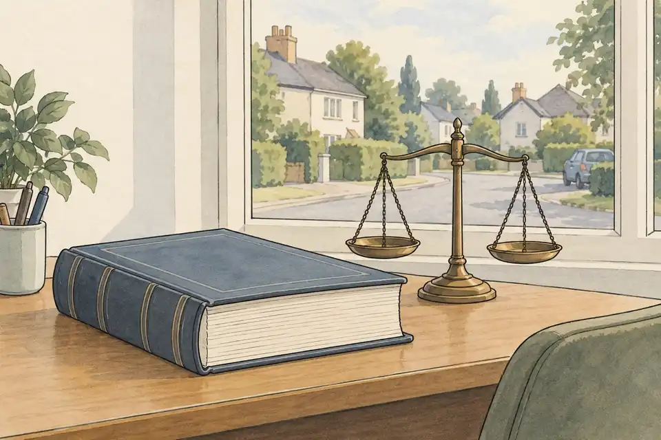 Illustration of a bound document and balance scales on a desk with a suburban street seen through a window.