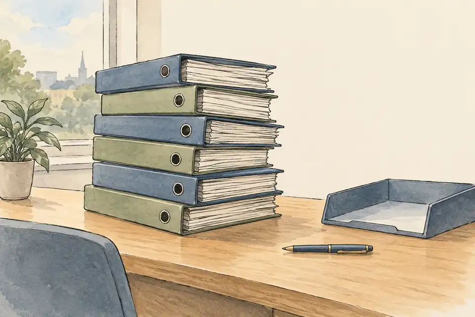 Illustration of a tall stack of binders on a desk beside a window.