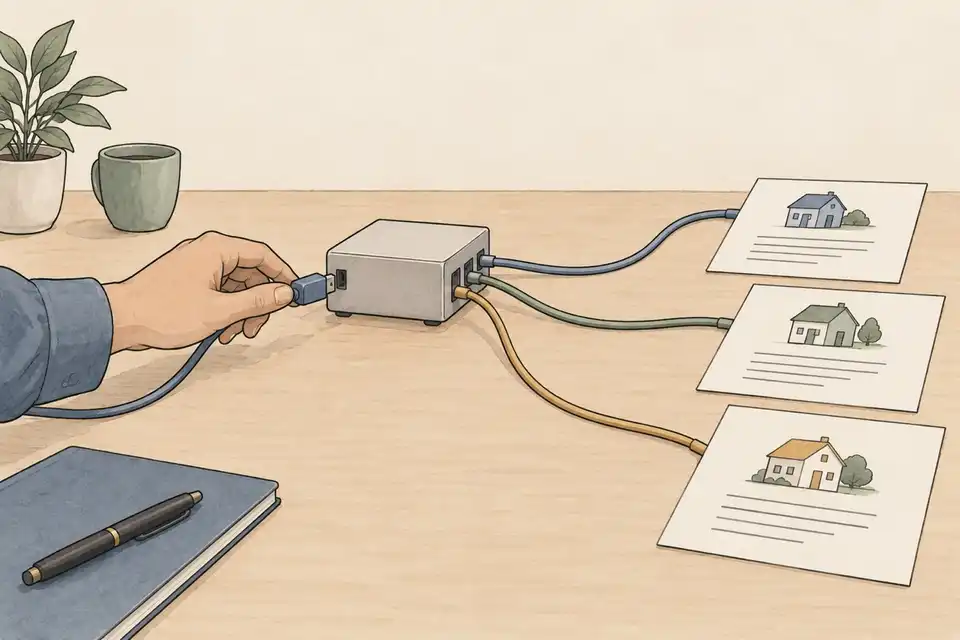 Illustration of a hand connecting a cable to a routing box linked to three sheets with simple house drawings.