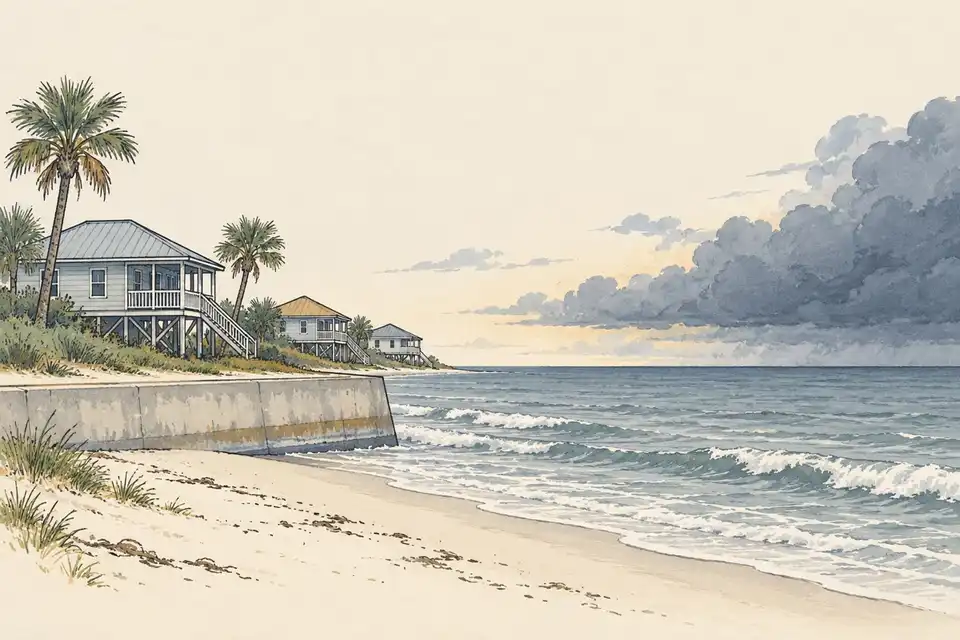 Illustration of a low coastal town with stilted houses and palm trees as storm clouds move away over the sea.