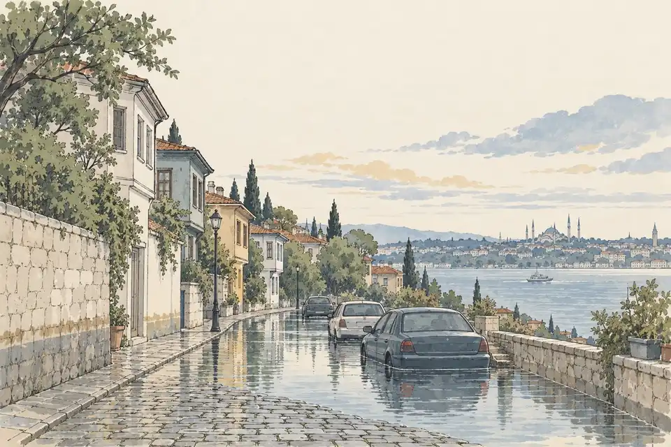 Illustration of a quiet city street after heavy rain, with a water line on a wall and cars standing in shallow water.