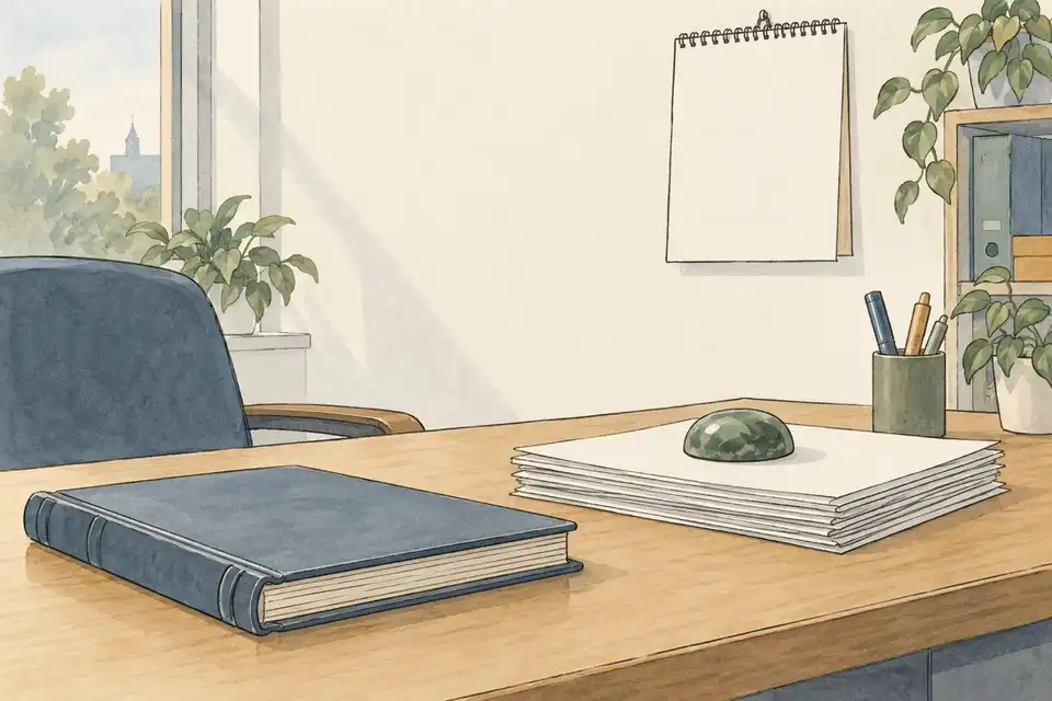 Illustration of a desk with a closed ledger and a held stack of unsigned application forms beside a blank wall calendar.