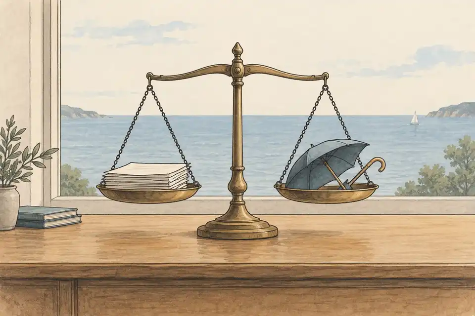 Illustration of a balance scale holding paper contracts and an umbrella on a desk, with a calm sea seen through a window.