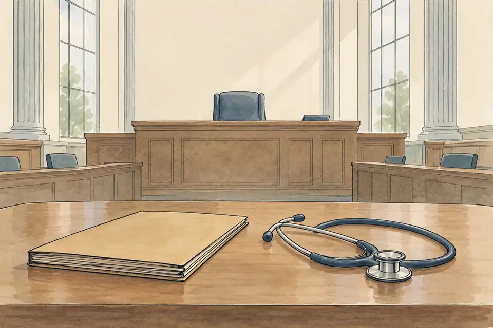 Illustration of a closed file and a stethoscope on a table in front of an empty courtroom bench.