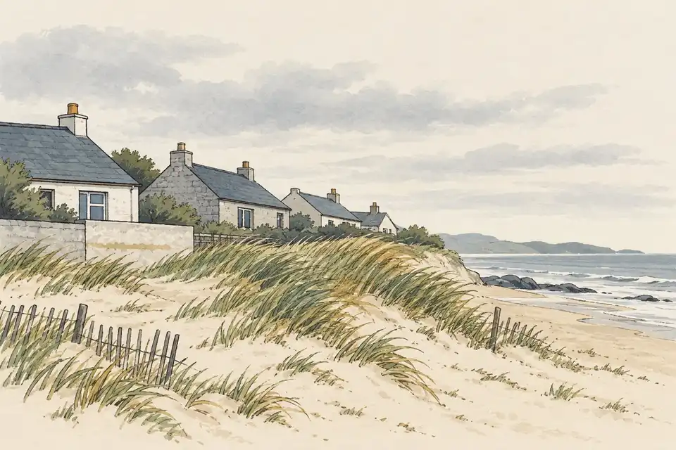 Illustration of low coastal houses behind a dune after a storm, with a faint flood line on a garden wall.